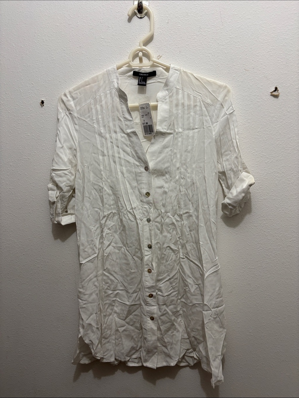 Forever 21 White Pintuck Button-Down Tunic Blouse